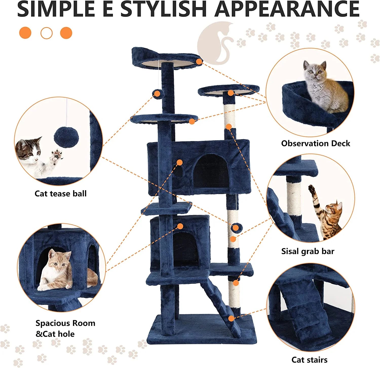 54-Inch Cat Tree Tower, Standing House Cat Condo with Scratch Stay and Fun Toys, Navy Blue
