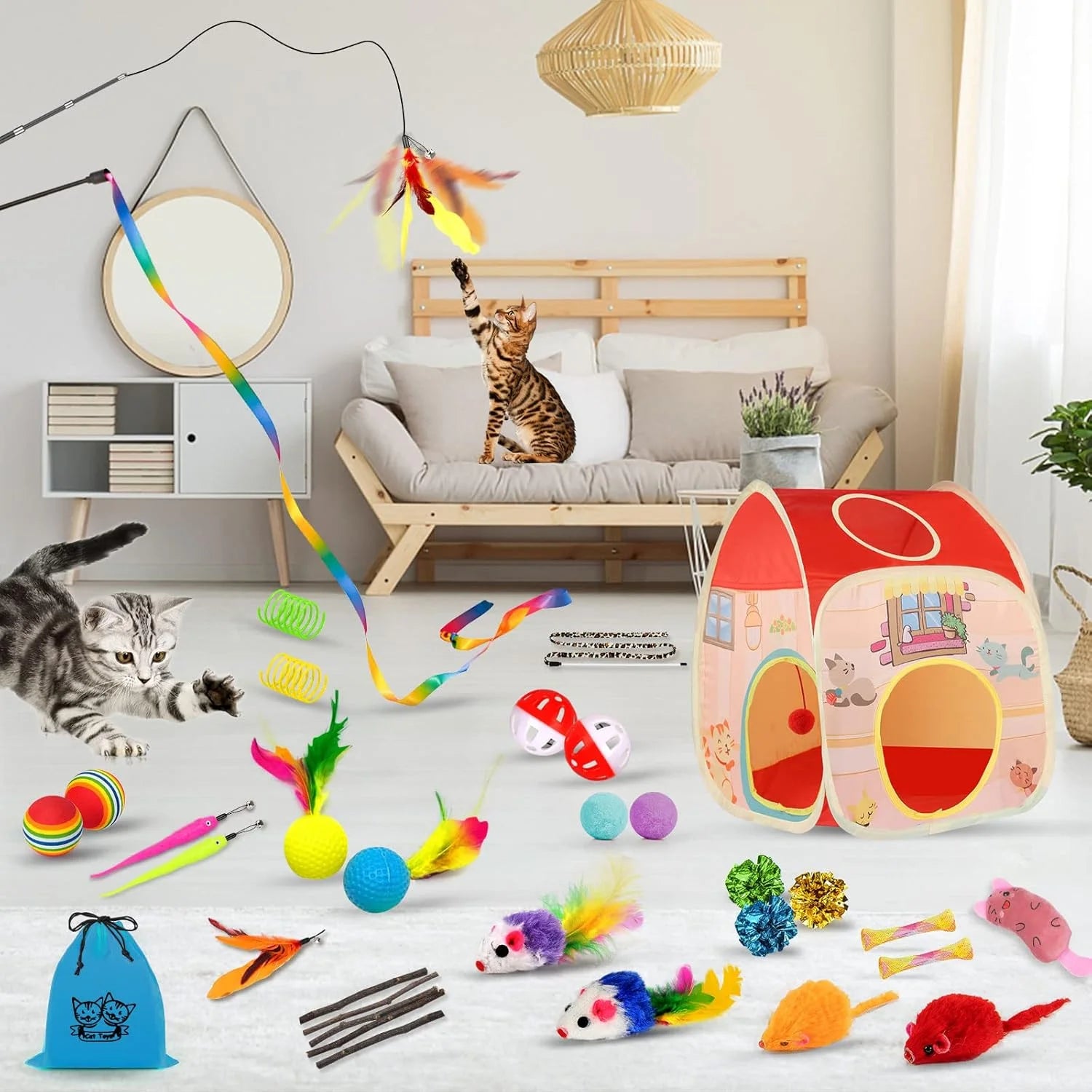 34Pcs Cat Toys Kitten Toys, Interactive Kitty Toys with Collapsible Cat Tunnels Tent