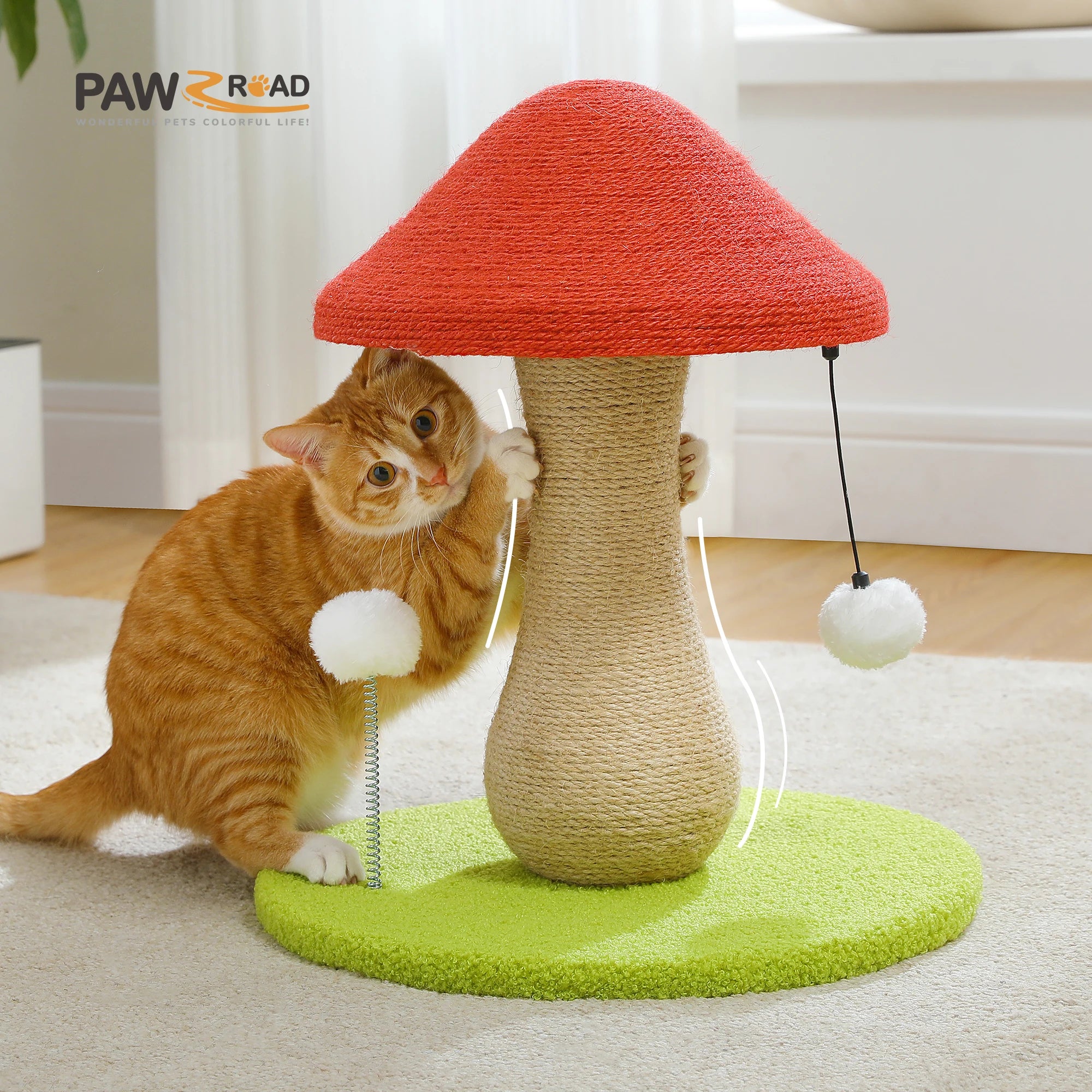 Mushroom Cat Scratching Post, Cat Scratcher Cute with 100% Sisal Covered Scratching Post & Pompoms Cat Toy, Mushroom Cat Post