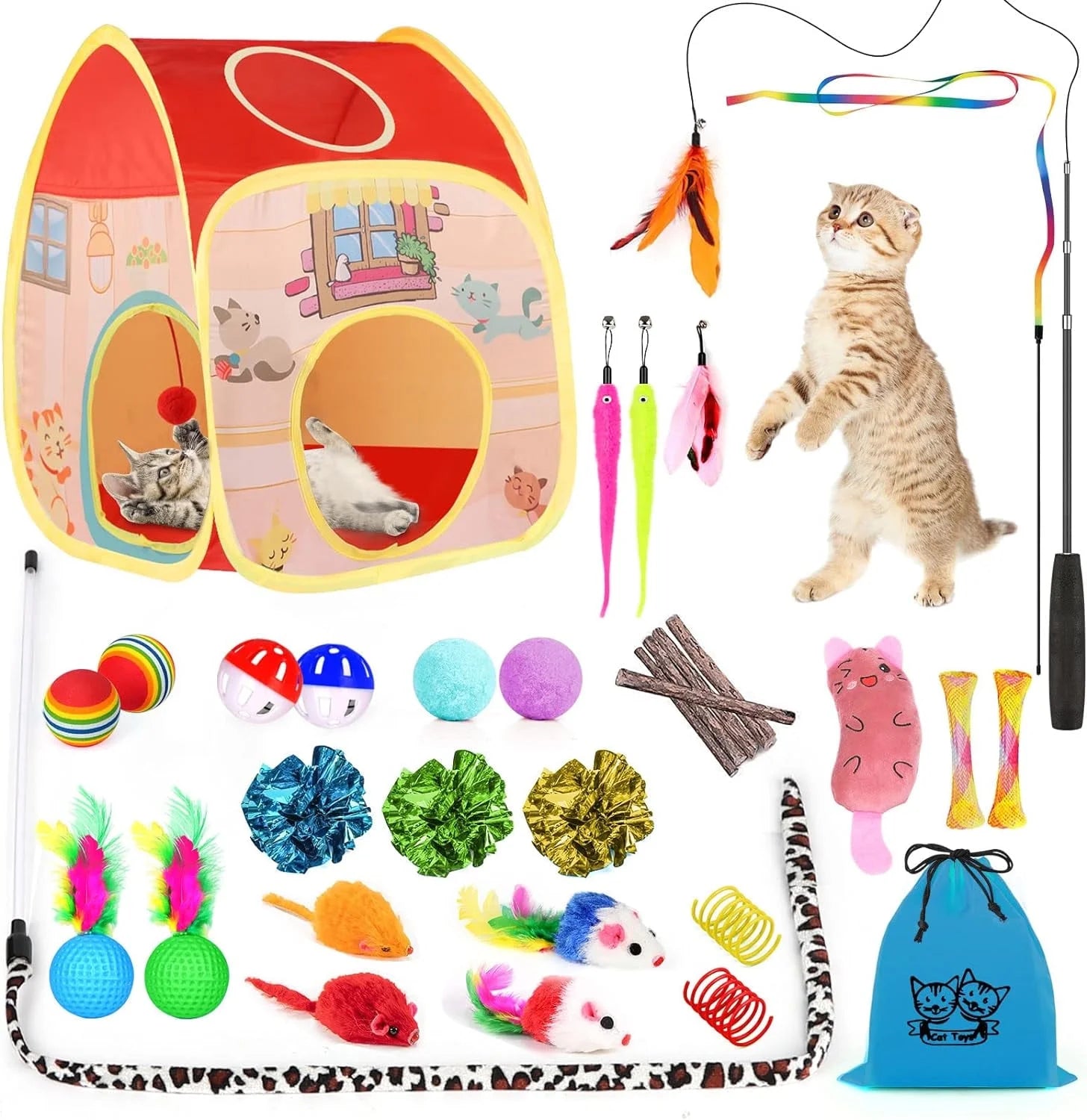 34Pcs Cat Toys Kitten Toys, Interactive Kitty Toys with Collapsible Cat Tunnels Tent