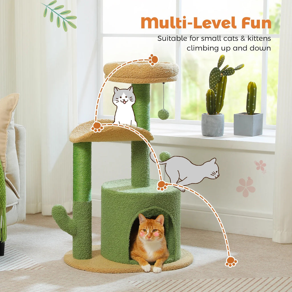 32" Cactus Cat Tree Tower with Cat Scratching Posts- Green
