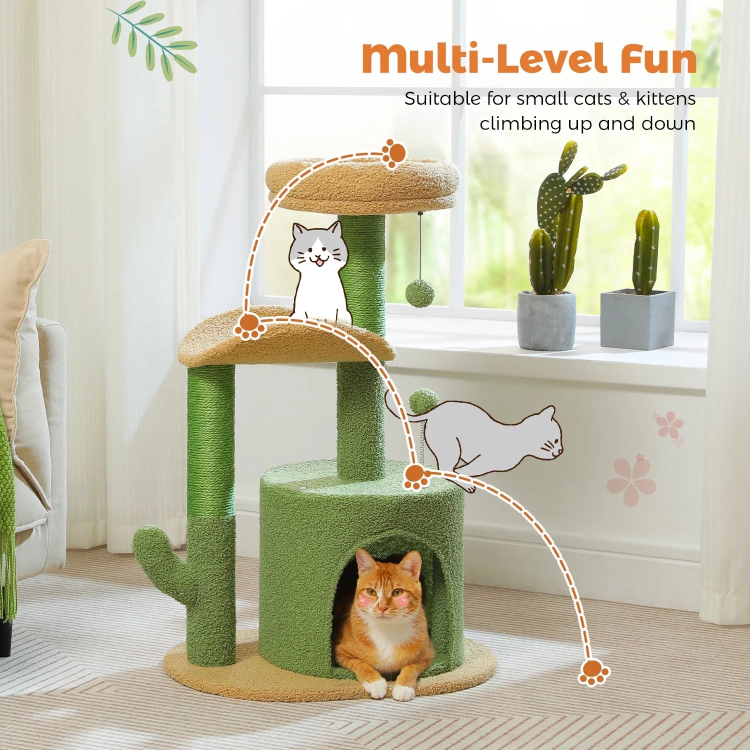 32" Cactus Cat Tree Tower with Cat Scratching Posts- Green