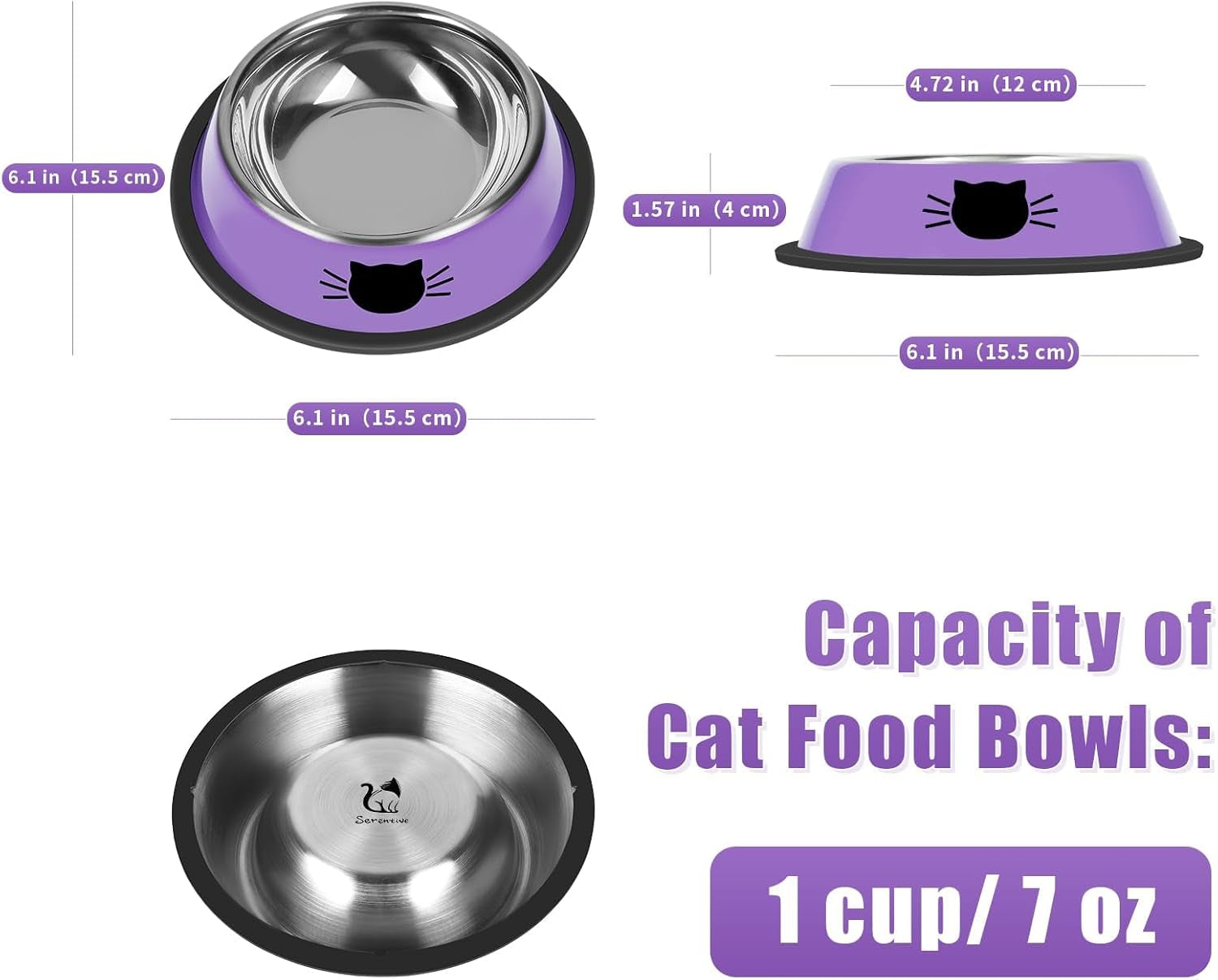 2 Pcs Non-Slip Stainless Steel Small Cat Food Bowls -7 Oz