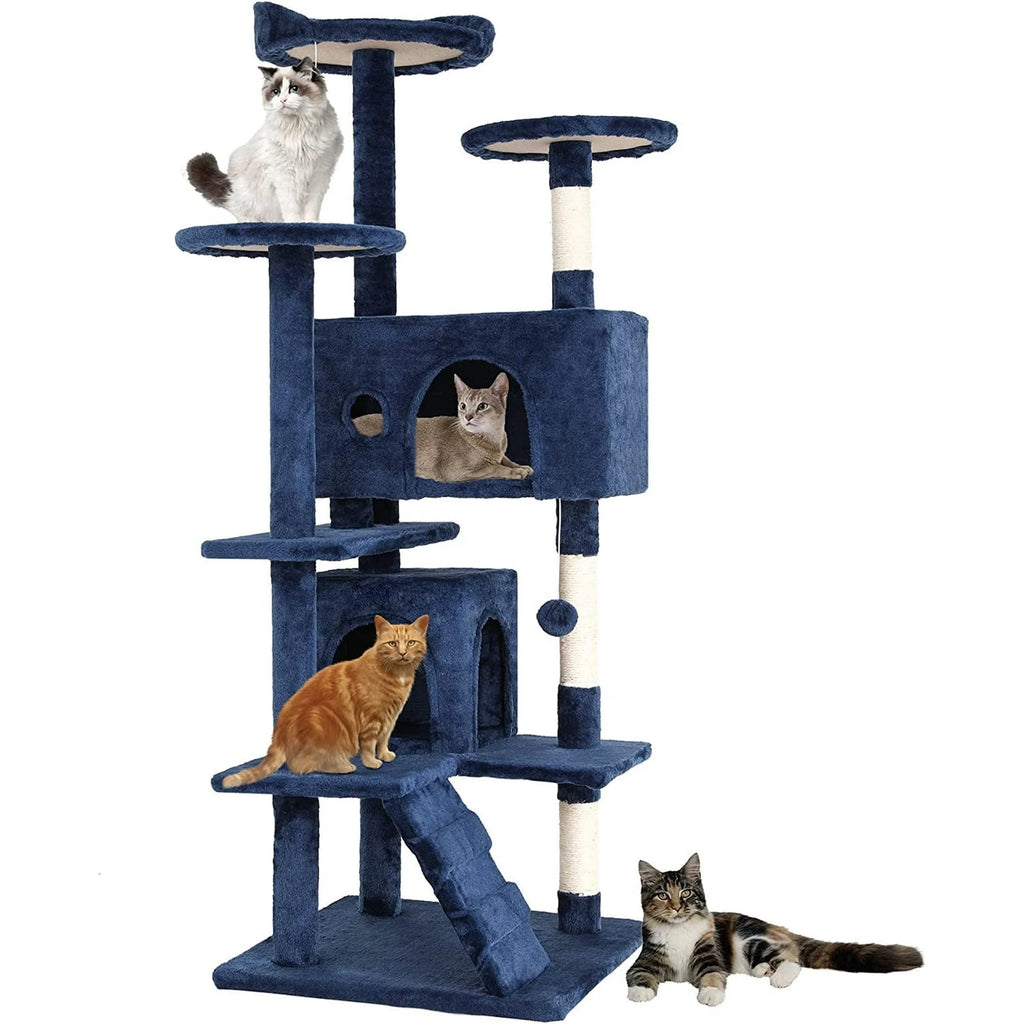 54-Inch Cat Tree Tower, Standing House Cat Condo with Scratch Stay and Fun Toys, Navy Blue
