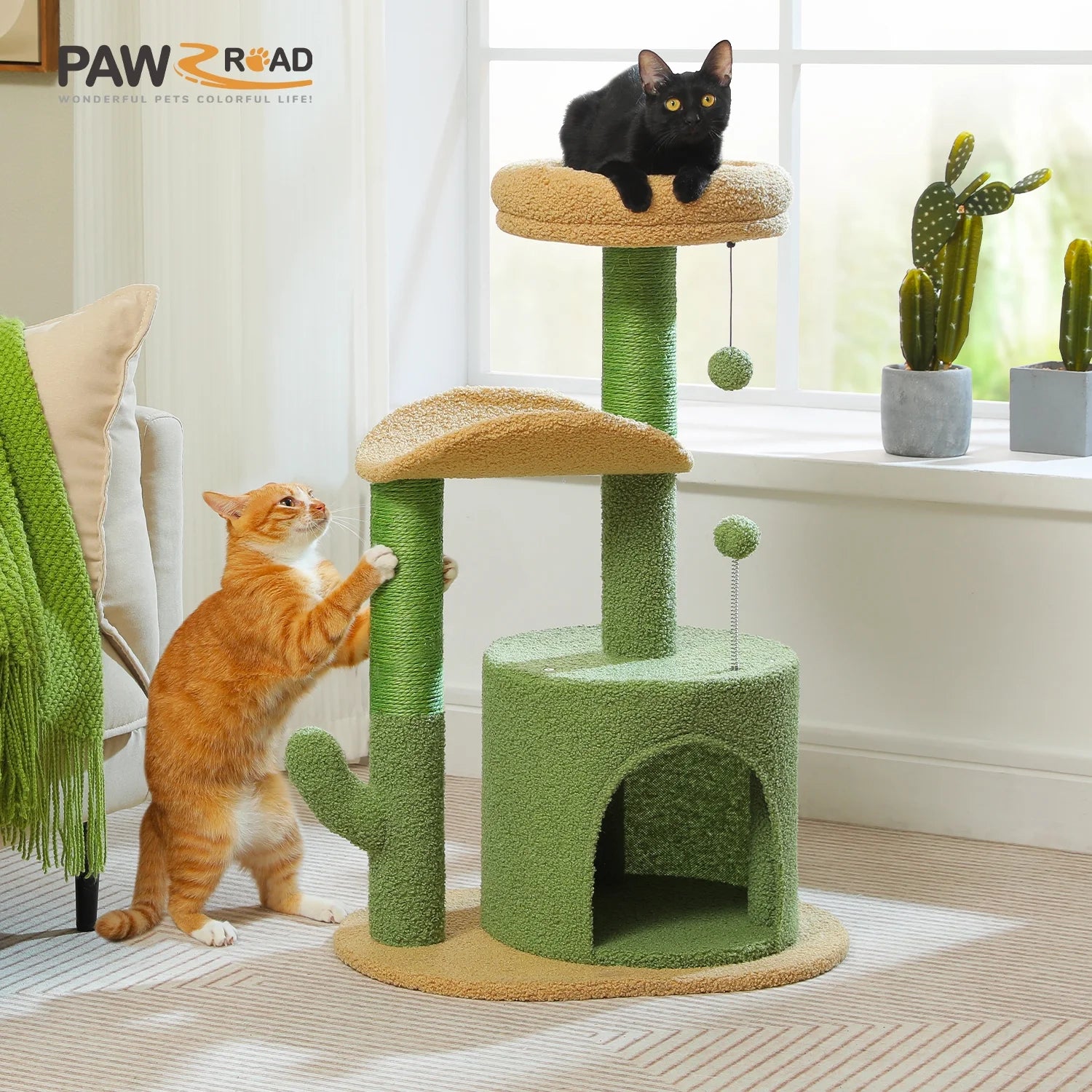 32" Cactus Cat Tree Tower with Cat Scratching Posts- Green