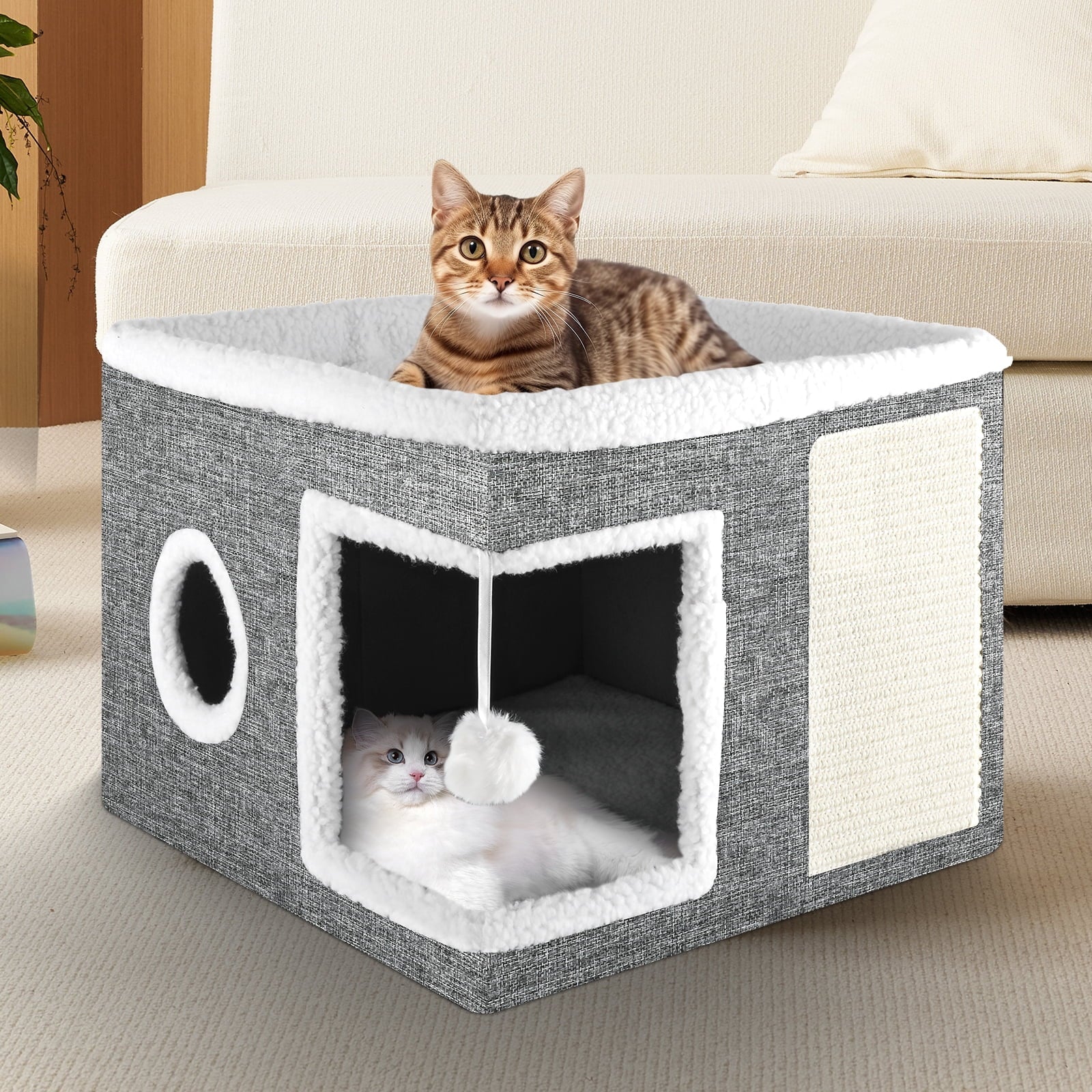 Cat Bed,  Cat House for Indoor Cats, Scratch Pad- Grey